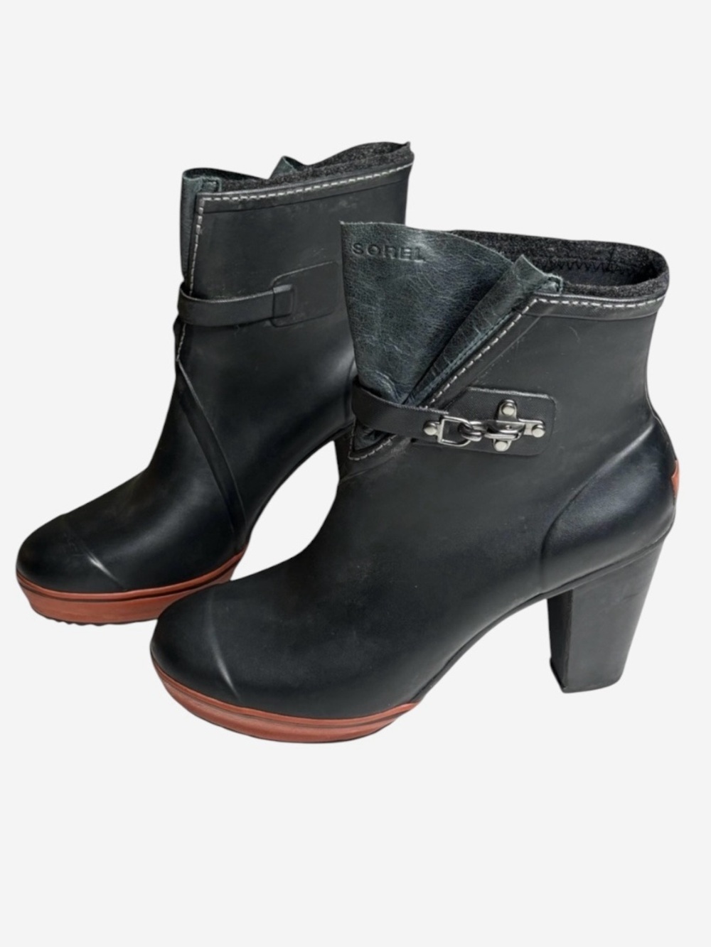 Sorel Medina Heeled Waterproof Rain Boots Size 11 Black Red 4” Heel